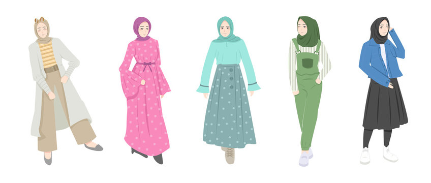 Bundle of modern young Muslim women wearing trendy clothes and hijab. Set of fashionable hijab girls. Flat cartoon vector