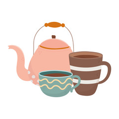 coffee time, kettle and cups porcelain fresh aroma beverage