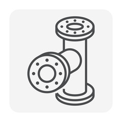 Pipe vector icon. Connection by flange fitting. Part for pipeline construction to transportation water, oil and gas. Also for water supply infrastructure, wastewater treatment, plumbing and irrigation