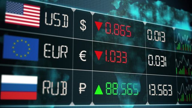 Evolution of currencies in the world market with up and downs of Russian ruble, Euro, US dollar. Currency market with green and red digital animation of prices in financial and ecomonic crisis