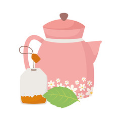 tea time, kettle with flowers and tea bag leaf herb beverage