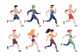 Jogging people. Outdoor activity, training to marathon running and sport competition. Jogging men and women in sportswear character set. Athletic people run on race concept