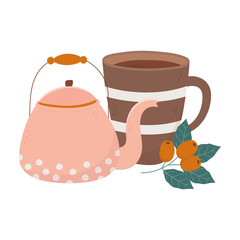 coffee time, kettle and cup branch berries fresh aroma beverage