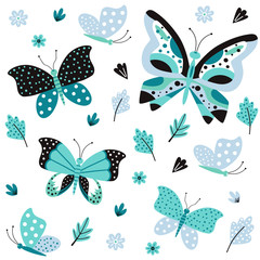 Butterfly pattern. Pretty springtime nature vector illustration. Colorful butterflies and flowers on white background. Bright summertime ornament for wrapping or textile design in flat style.