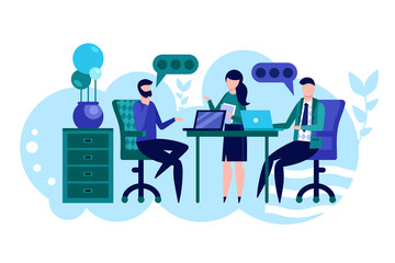 Brainstorming and creativity. Business meeting and idea generation, new solution or startup discussion banner with people. Effective time management and cooperation vector illustration in flat style