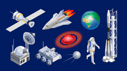 Spaceship isometric. Space shuttle, cosmic rocket, orbital satellite, mars rover, planets and space station isometric vector illustration. Spaceship, spacecrafts and cosmic technology isolated set. © studioworkstock
