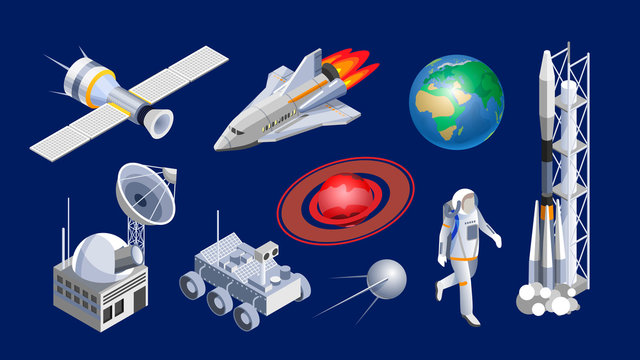 Spaceship isometric. Space shuttle, cosmic rocket, orbital satellite, mars rover, planets and space station isometric vector illustration. Spaceship, spacecrafts and cosmic technology isolated set.