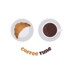 Coffee cup and croissant. Morning coffee time or break for cup of beverage with dessert. Top view. Vector illustration isolated on white background