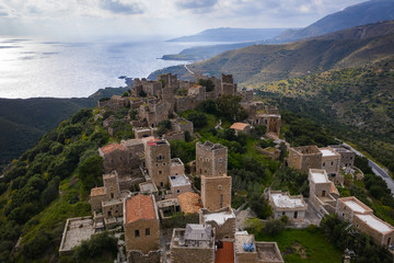 Obraz premium Greece Vatheia village, old traditional abandoned tower houses in Vathia on Mani Peninsula. Laconia Peloponnese
