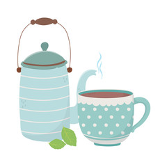 coffee time, kettle and cup leaves fresh aroma beverage