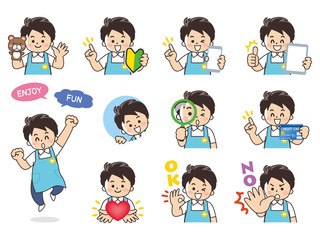 保育士の男性バリエーション　初心者マーク　スマートフォン　タブレット　虫眼鏡　クレジットカード　ハート　OK　NO