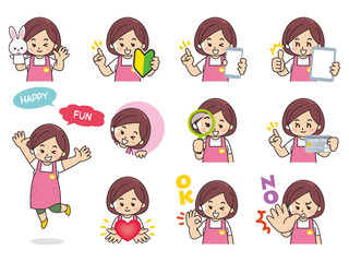 保育士の女性バリエーション　初心者マーク　スマートフォン　タブレット　虫眼鏡　クレジットカード　ハート　OK　NO