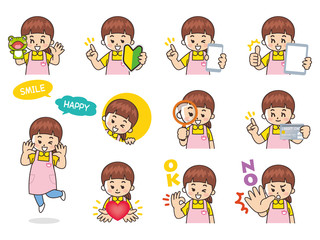 保育士の女性バリエーション　初心者マーク　スマートフォン　タブレット　虫眼鏡　クレジットカード　ハート　OK　NO