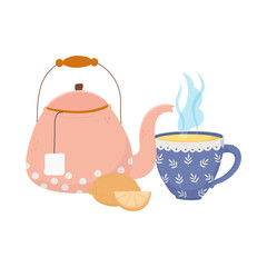 tea time, kettle cup and whole half lemon beverage design
