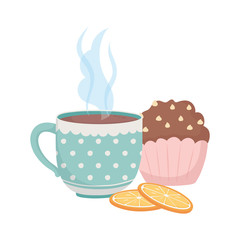coffee time, cup cupcake and slices orange fresh beverage