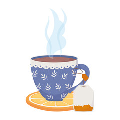 tea time, blue cup with tea bag on slice orange fresh