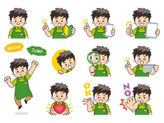 スーパーマーケット店員の男性バリエーション　初心者マーク　スマートフォン　タブレット　虫眼鏡　クレジットカード　ハート　OK　NO