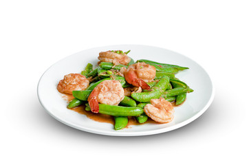 Stir fried green peas with shrimp on dish isolated on white background