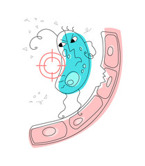 Vector flat illustration with abstract microbe, bacterium that eats body tissue. She is under the gun. Concept treatment of bacterial infections various organs, antibacterial therapy, vaccination.