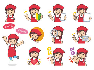 スーパーマーケット店員の女性バリエーション　初心者マーク　スマートフォン　タブレット　虫眼鏡　クレジットカード　ハート　OK　NO