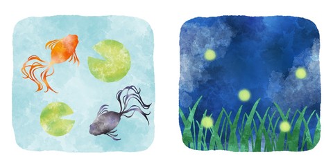夏の風物詩　金魚と蛍　水彩風イラスト