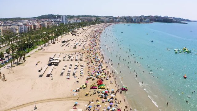 Endless multi-kilometer beach of Salou with a quadrocopter. The best place to stay for tourists from all over the world.