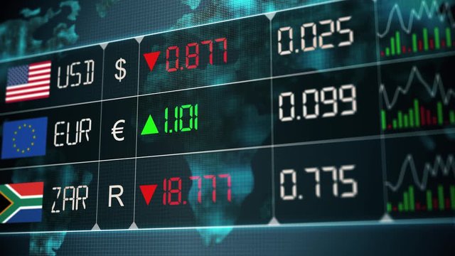 Evolution of South African rand, Euro, US dollar currencies with up and downs. Currency market with green and red digital animation of prices in the world, with financial and ecomonic crisis