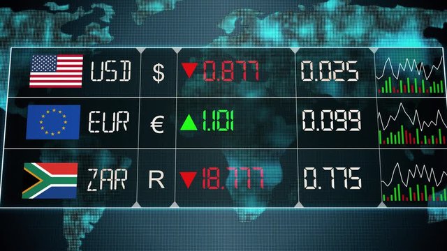Currency market with evolution of South African rand, Euro, US dollar currencies with up and downs. Green and red digital animation of prices in the world, with financial and ecomonic crisis 