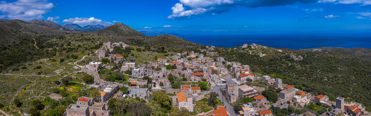 Naklejka premium Wide panorama of Traditional Lagia village on Mani semi-island, Peloponnese, Greece