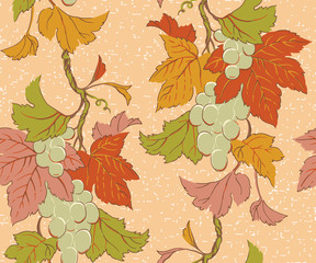 Autumn harvest seamlessly repeating pattern with grapes vines and leaves