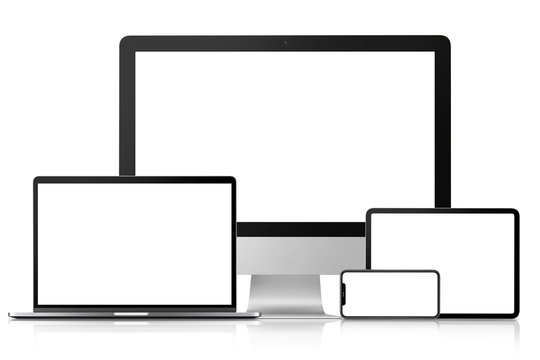 デスクトップコンピューター、ラップトップコンピューター、タブレット端末、スマートフォンの画面合成用素材　横位置（写真）