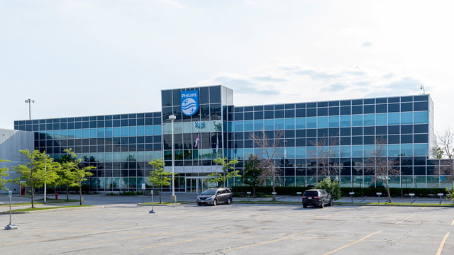 Markham, Ontario, Canada - June 16, 2018: Building of Philips in Markham, Ontario, Canada. Koninklijke Philips N.V. is a Dutch multinational technology company in Amsterdam in the area of healthcare. 