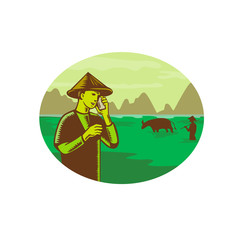 Retro woodcut style illustration of Vietnamese farmer wearing conical hat talking on mobile, cellular phone or cellphone with mountain and rice paddy field in background set inside oval, 