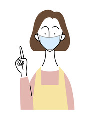 エプロンとマスクを付けた女性／指をさすジェスチャー