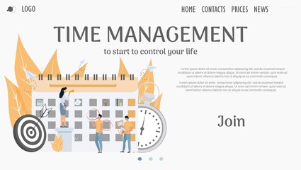 Time management planing, productivity landing page. Calendar, schedule, stopwatch, goals and small characters stock vector composition. Strategy, balance, teamwork concept illustration in flat style