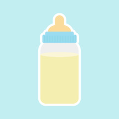 Baby milk bottle icon with long shadow. Flat design style. Baby feed bottle simple silhouette. Modern, minimalist icon in stylish colors. Web site page and mobile app design vector element.