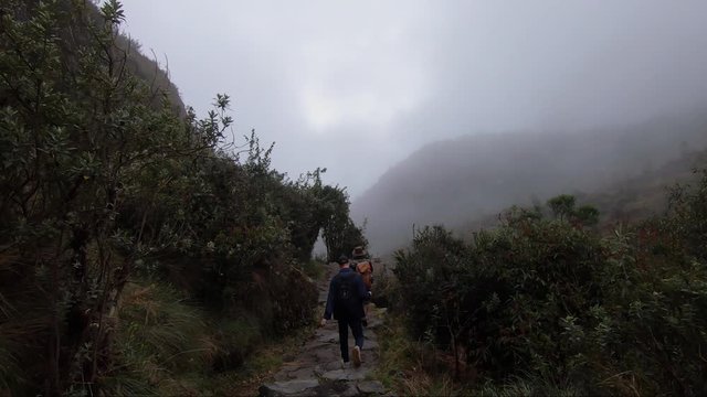 POV from hiker walking on the Inka Trail in Peru on the way to Machu Picchu in the Andes mountains