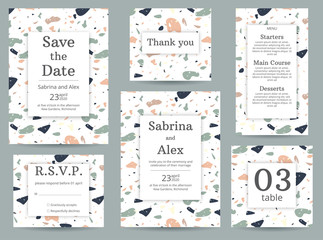 Terrazzo wedding invitation. Set with invitation, Save the date, Thank you card, RSVP, menu and table number on peach and green terrazzo background. Wedding set.