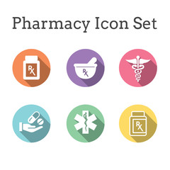 Pharmacy and Prescription Icon Set with mortar and pestle, star of life, pills, and caduceus