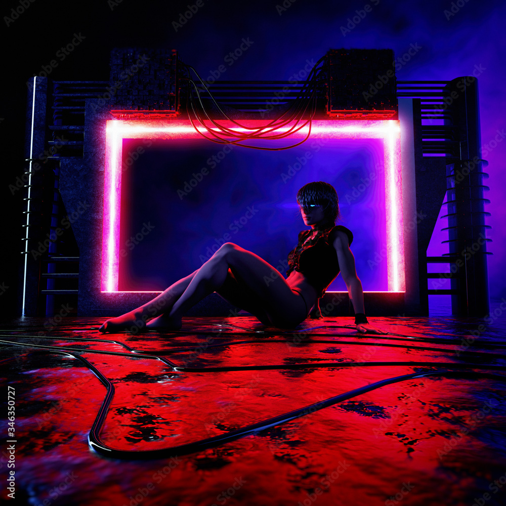 Wall mural young woman in synth wave style retro night club