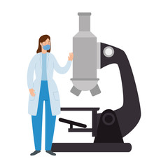 doctor female using face mask with microscope vector illustration design
