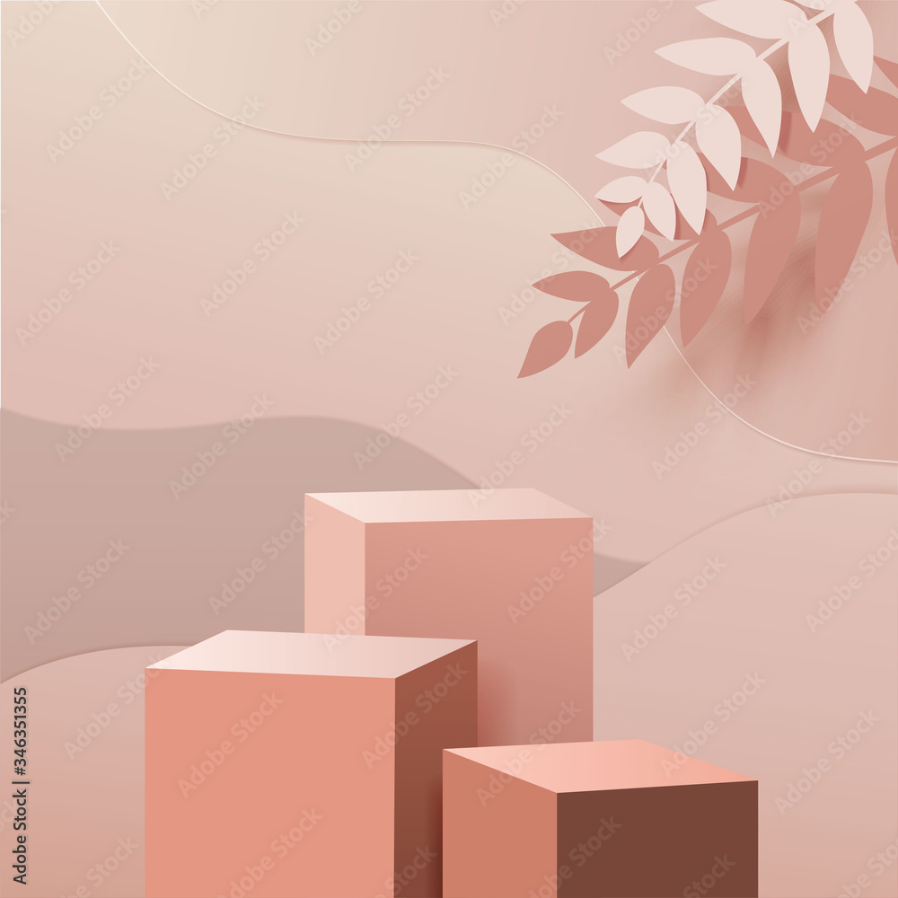 Wall mural minimal scene with geometric forms. box cube podiums in cream background with paper leave on column.