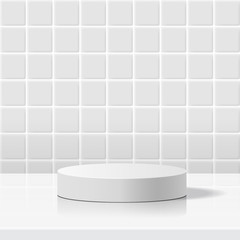 minimal scene with geometric forms. cylinder white podium in white ceramic tile wall background. Scene to show cosmetic product, Showcase, shopfront, display case. 3d vector illustration.
