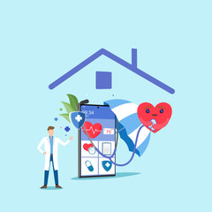 Doctor stands near healthcare service on mobile. Health insurance online concept. Healthcare on mobile.Healthcare, finance and medical service. Vector illustration about health insurance.