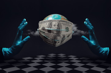 Creative concept of the 2020 economic crisis, money inflation during the coronavirus, unemployment. The photo shows a medical mask of dollars on a globe