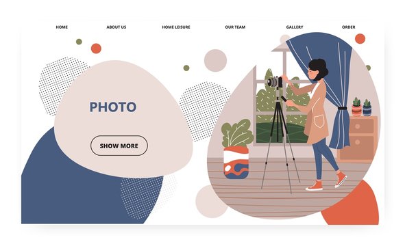 Female photographer take photo at home studio. Photo camera on tripod. Room interior. Concept illustration. Vector web site design template. Landing page website illustration
