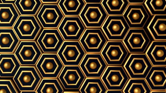 Minimalist geometric royal golden hexagon abstract background. Golden and black futuristic pattern of abstract wave animation. Geometric motion background. 3D Render of animation.