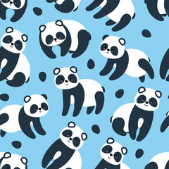 Obraz premium Colorful seamless pattern with cute pandas for textile, paper and fabric on blue background with flowers. Vector illustration in flat style