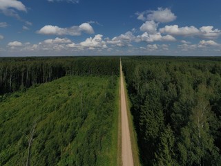 Summer gravel road in forest, aerial view