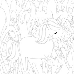 Unicorn  Coloring Pages. Coloring Book  vector. Horse head step. Colored book. Black and white sticker, icon isolated. Cute magic cartoon fantasy animal. Dream symbol. Design for children,  